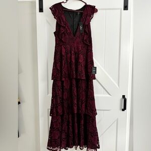 Lulu’s Molinetto Burgundy Lace Ruffled Tiered Sleeveless Maxi Dress